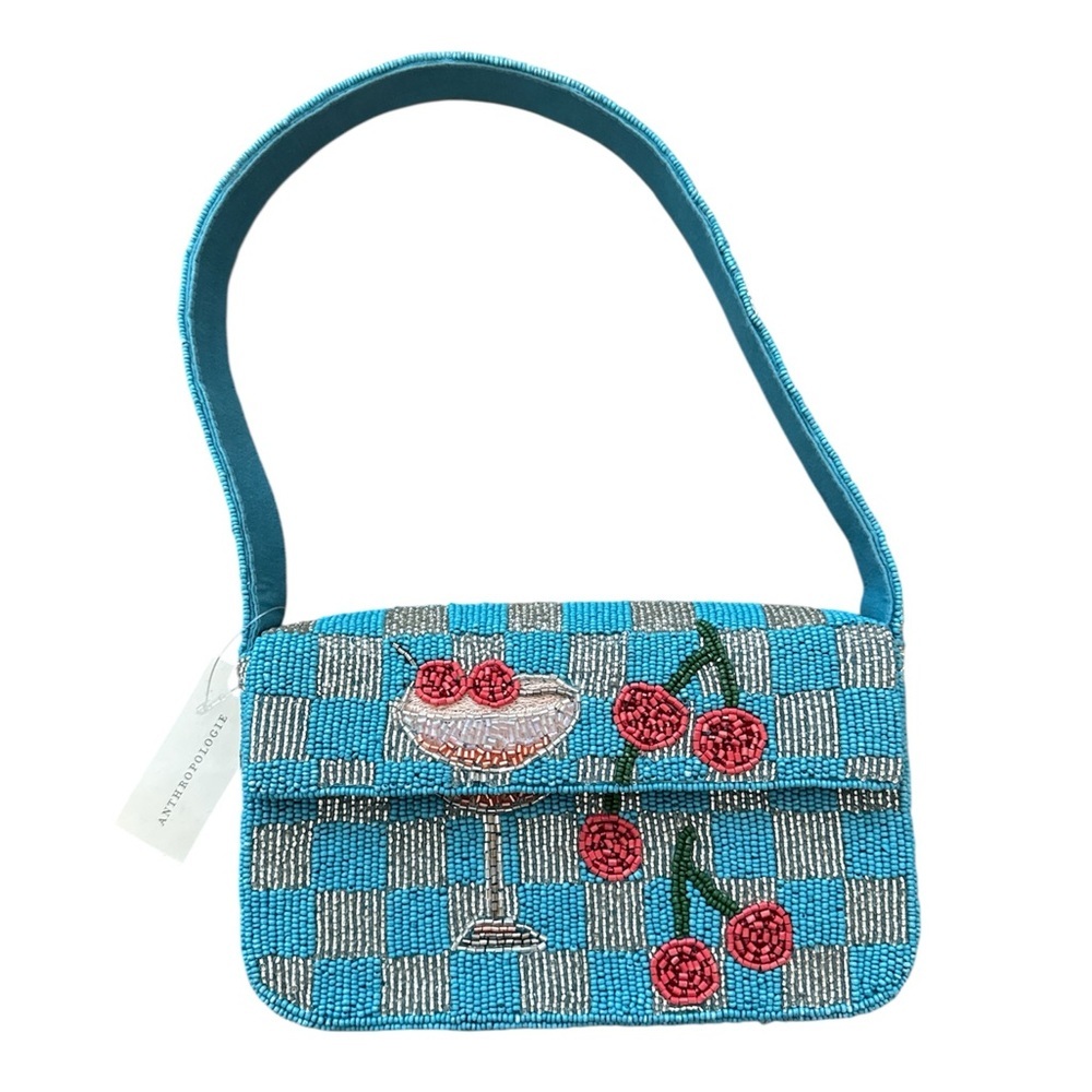 Anthropologie The Fiona Beaded Bag Food Drink Edition Cocktail Cherries Blue New - Picture 2 of 9
